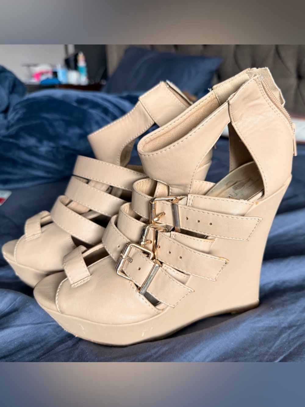 Nude Strappy Wedge Heels with Buckle Detail